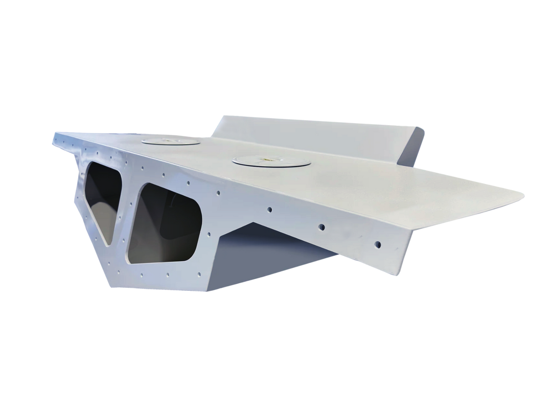 Picture of a Parker 2520 1988 twin engine bracket, featuring a sleek white design with two circular cutouts and a flat, extended rear section, set against a transparent background