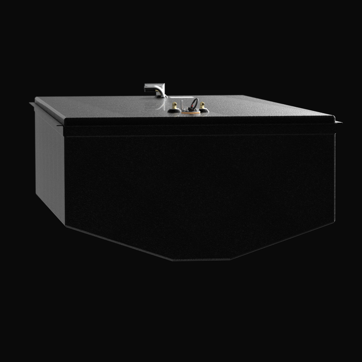 A low-angle rear perspective rendering of a black single-tank unit, emphasizing the wide hull-conforming underside of a Parker 2820XL 250-gallon OEM replacement marine fuel tank. The heavy-duty tank features a shallow, multi-angled V-hull tapered bottom configuration designed to seat perfectly within the boat's original centerline stringer grid layout. It is masterfully constructed from heavy-gauge marine-grade 5052-H32 aluminum and fully sealed in a textured, anti-corrosive black TarGard epoxy coating. The