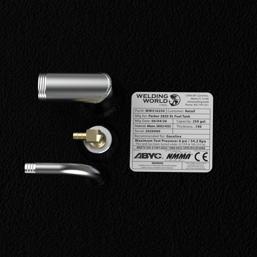 Close-up top-down layout view of the forward plumbing configurations and manufacturer data label on a Parker 2820XL OEM replacement marine fuel tank. The image highlights a welded aluminum 90-degree fuel fill pipe, a single brass 90-degree pickup fitting, and an integrated vent line pipe connection in the foreground. On the right, the official Welding World specification placard reads Part# WW316250, 250-gallon capacity, built from Alum. 5052-H32 with a .190 thickness, and recommended for gasoline. The labe