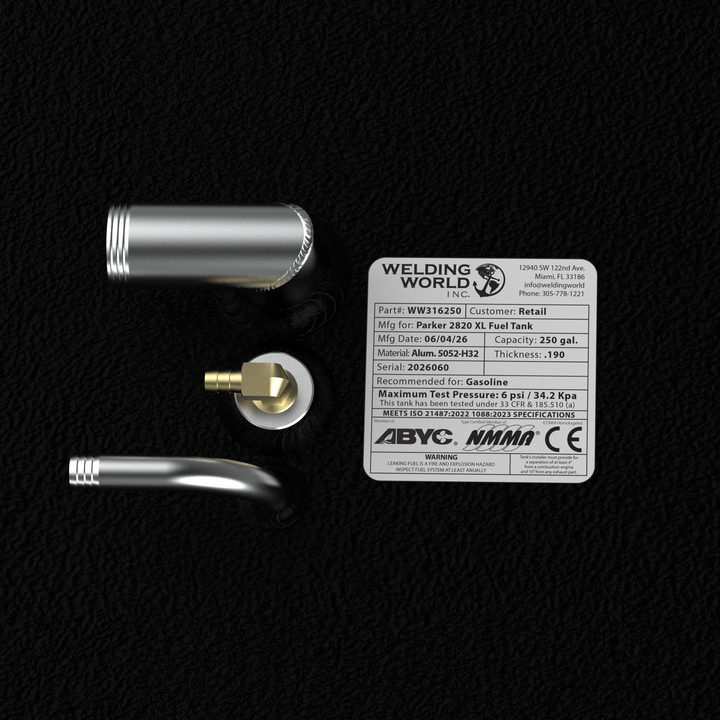Close-up top-down layout view of the forward plumbing configurations and manufacturer data label on a Parker 2820XL OEM replacement marine fuel tank. The image highlights a welded aluminum 90-degree fuel fill pipe, a single brass 90-degree pickup fitting, and an integrated vent line pipe connection in the foreground. On the right, the official Welding World specification placard reads Part# WW316250, 250-gallon capacity, built from Alum. 5052-H32 with a .190 thickness, and recommended for gasoline. The labe