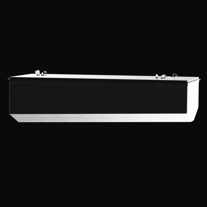 A straight-on side elevation profile view of an elongated black rectangular single-tank unit, detailing the shallow hull-conforming underside design for a Parker 2820XL OEM replacement marine fuel tank. The technical profile highlights a shallow V-bottom tapered configuration engineered by Welding World to sit perfectly within the boat's original centerline stringer grid layout cavity. Masterfully constructed from heavy-gauge marine-grade 5052-H32 aluminum, the fuel cell is completely sealed in an anti-corr