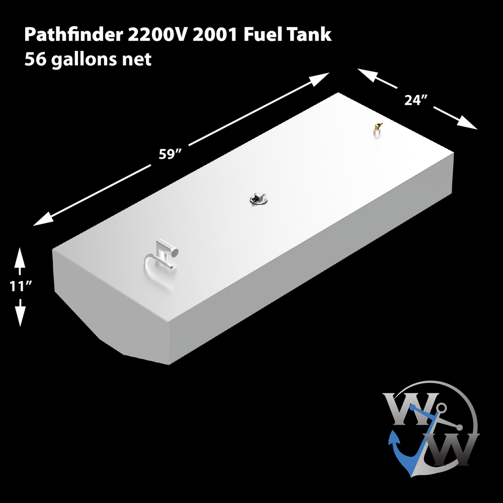 Diagram of a Pathfinder 2200V 2001 fuel tank with a 56-gallon net capacity, showing dimensions of 59 inches in length, 24 inches in width, and 11 inches in height. The tank features labeled fittings and a trapezoidal bottom, with a black background and the Welding World logo in the bottom right corner