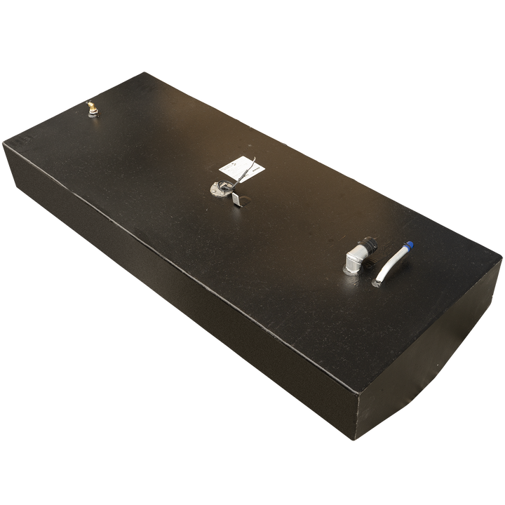 A black, rectangular fuel tank with a textured finish, seen from an elevated angle. The top surface of the tank features a small brass fitting near one corner, a circular gauge or sensor with wires extending from it, and a bent metal tube with a blue-capped end emerging from the surface. The tank's edges appear sharp and clean