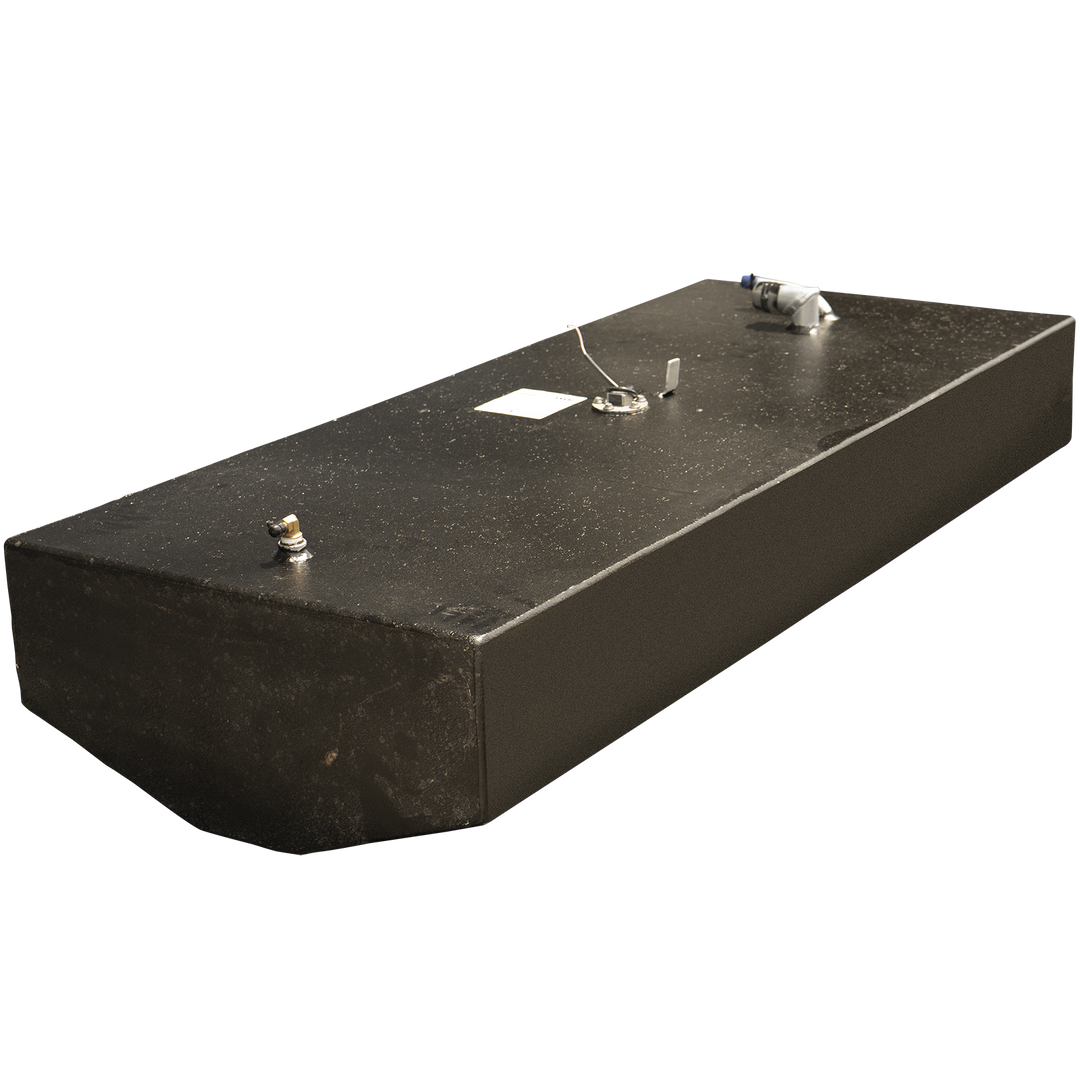 OEM replacement fuel tank for a 2001 Pathfinder 2200V, 56-gallon net capacity, shown with fittings and components on a black rectangular aluminum tank, angled with a trapezoidal base