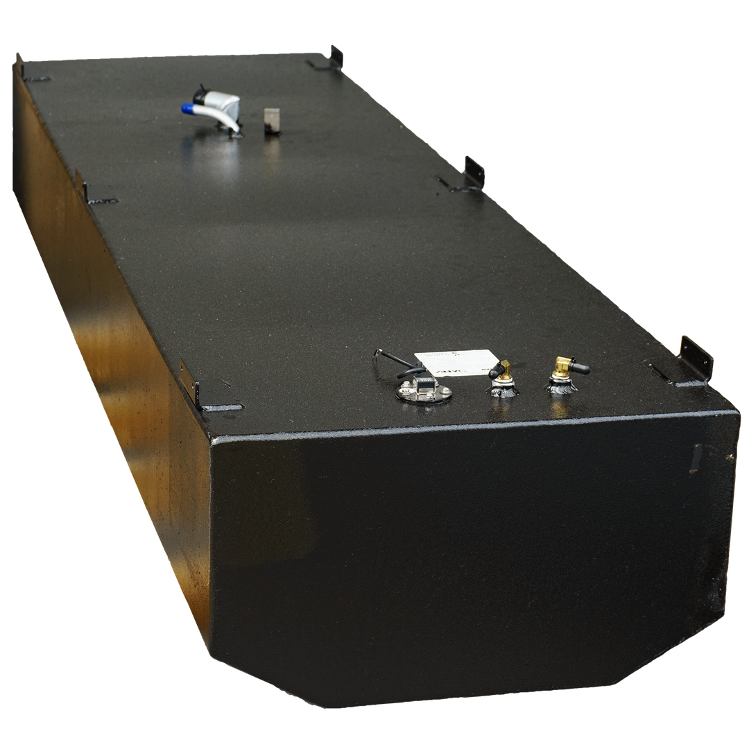  A front view of a gray fuel tank, showing a flat top with several ports, including a fuel gauge and two connector ports, against a black background. The tank has a rectangular shape with slightly angled sides