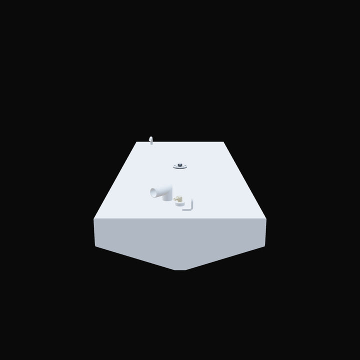  A 3D rendering of a white, rectangular fuel tank with a slightly tapered bottom edge, shown against a black background. Various pipe fittings and a circular gauge are visible on its top surface