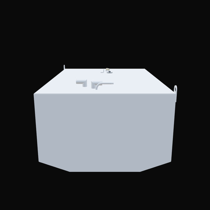 A light gray, rectangular replacement belly fuel tank with various connection points on its top surface. The tank has a slight bevel on its bottom corners