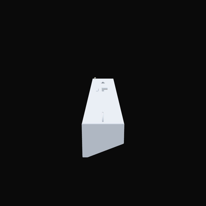 An end-on perspective view of a 3D schematic for a tall, narrow boat fuel tank against a black background. The light-grey, rectangular tank's long, flat top surface is shown with several rendered fittings, including a recessed U-shaped pipe at one end and an L-shaped pipe towards the middle