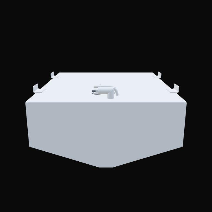 3D model of OEM-style aluminum belly tank upgrade for Dusky 23, featuring four top-mounted L-brackets at each corner for secure hull fastening. Central curved pipe fitting protrudes from a cylindrical boss, positioned for venting or fill line access. Flat-top layout accommodates auxiliary porting while preserving streamlined install within original cavity footprint. Geometry confirms alignment with deck clearance and structural tie-down points