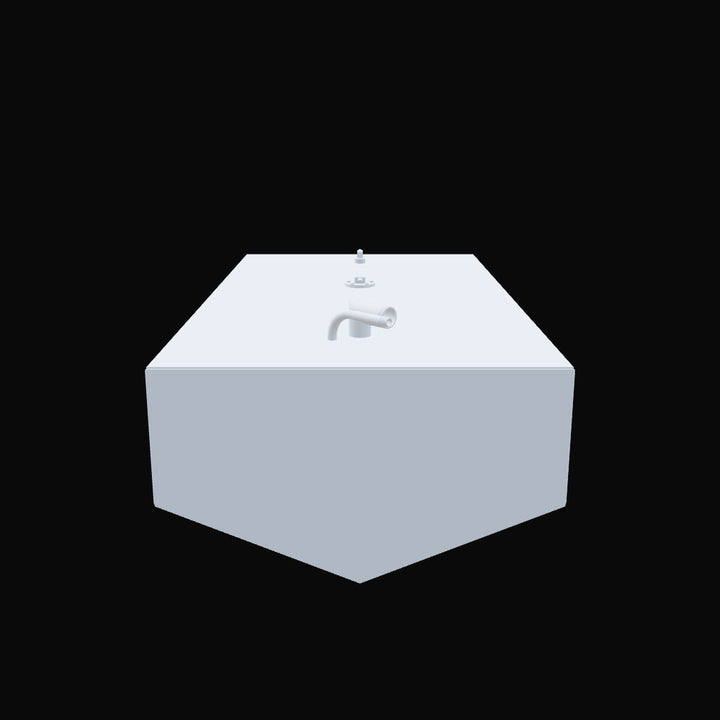 A symmetrical, frontal view of a 3D schematic for a boat's belly fuel tank, set against a solid black background. The image highlights the tank's V-shaped bottom, designed to fit the deadrise of a hull. A series of fittings are aligned down the center of the wide, flat top surface, with a curved pipe prominent in the foreground