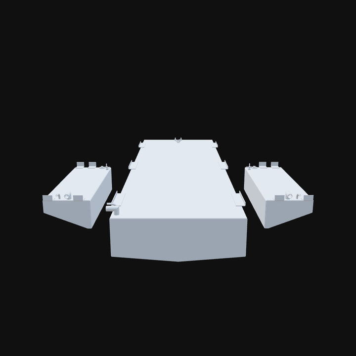 A 3D model of a 2001 Fountain 31, combo view featuring the boat's three-tank setup, designed for offshore fishing with a high-performance and durable layout