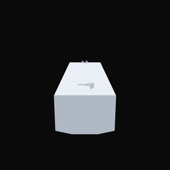 Front-facing schematic of 118-gallon aluminum belly fuel tank for 1989 Grady-White 24' Offshore. Matte black powder-coated finish with a single 90-degree outlet fitting centrally mounted on the top face. Fitting design accommodates fuel line or vent routing while preserving deck clearance. Tank profile confirms rectangular footprint with forward-facing orientation for precise hull cavity alignment