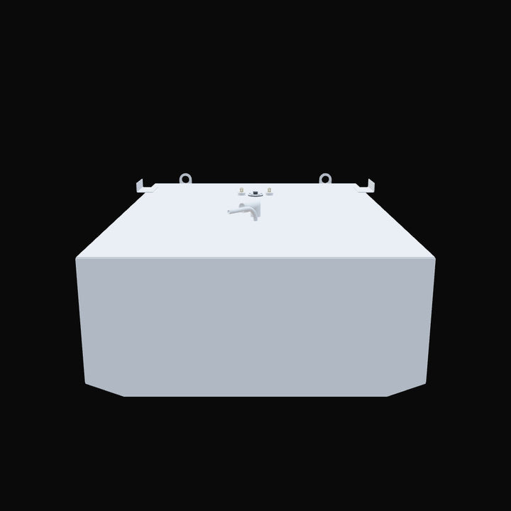 Front-facing view of custom 170-gallon aluminum replacement tank for 1993 Grady-White 25' Cuddy Cabin. Features include a central handle or manual access fitting, flanked by twin lifting eyes or mounting loops for installation stability. Clean panel finish supports corrosion resistance, while central bolted fitting confirms inspection or access capability. Geometry aligns with forward bulkhead spacing and deck clearance requirements