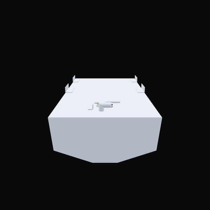 A frontal view of a 3D schematic for a boat's belly fuel tank, shown against a solid black background. The image highlights the tank's wide, curved front face, the bottom of which is cut into a shallow V-shape. The light-grey schematic shows four angled mounting tabs on its top corners and a fuel valve assembly on its top surface
