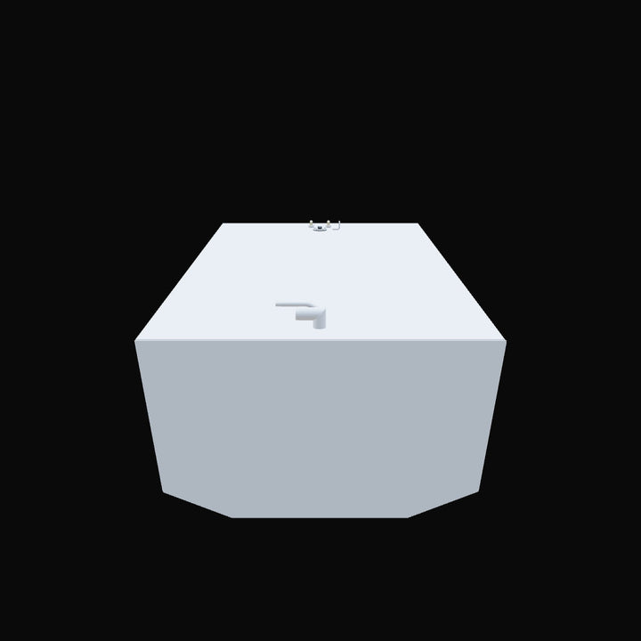 A light gray, rectangular fuel tank with an irregular hexagonal base, featuring various fittings on its top surface, including a white L-shaped pipe and a circular component with several small white knobs, all against a black background