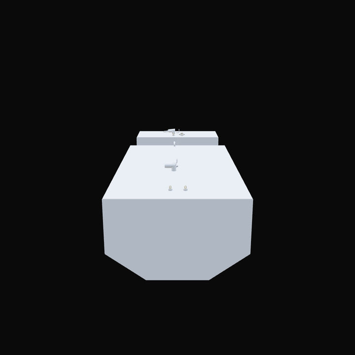 A 3D rendering of a rectangular, light-grey auxiliary fuel tank for a Contender 32 Open/CC 1997, with dimensions of 37 inches long, 17 inches wide, and 20 inches high, and a nominal capacity of 50.5 gallons. Various fittings are visible on the top surface