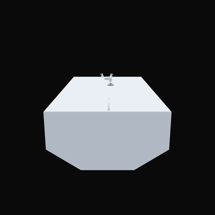 Rendered 3D view of a 200-gallon aluminum bow fuel tank designed for the Intrepid 30' center console. The matte black tank features a rectangular footprint with a slightly beveled edge, and displays key top-mounted components: a blue-handled capped shutoff valve at the front, a centrally located sensor unit with two vertical contact points, and an adjacent circular fitting. This model supports visual validation of cavity fit, fuel line access, and forward-weighted integration as part of a modified