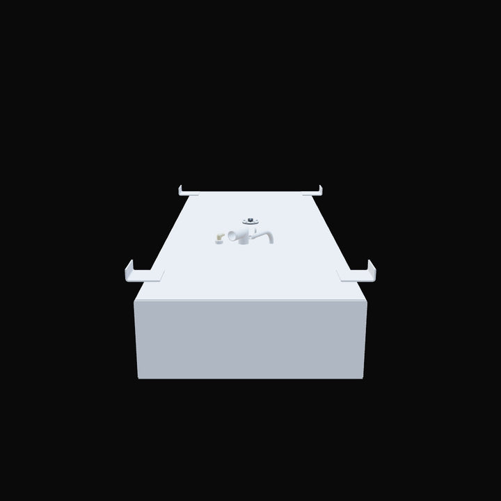 A light gray, rectangular fuel tank with multiple L-shaped mounting brackets extending from its top edges. On the top surface, there is a central circular fitting with a small hose or pipe extending from it, and to its left, two small, brass-colored fittings