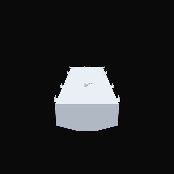 A front view of a rectangular gray tank, showing a flat top with several ports and hooks for mounting. The tank features a central inlet/outlet pipe and is set against a black background