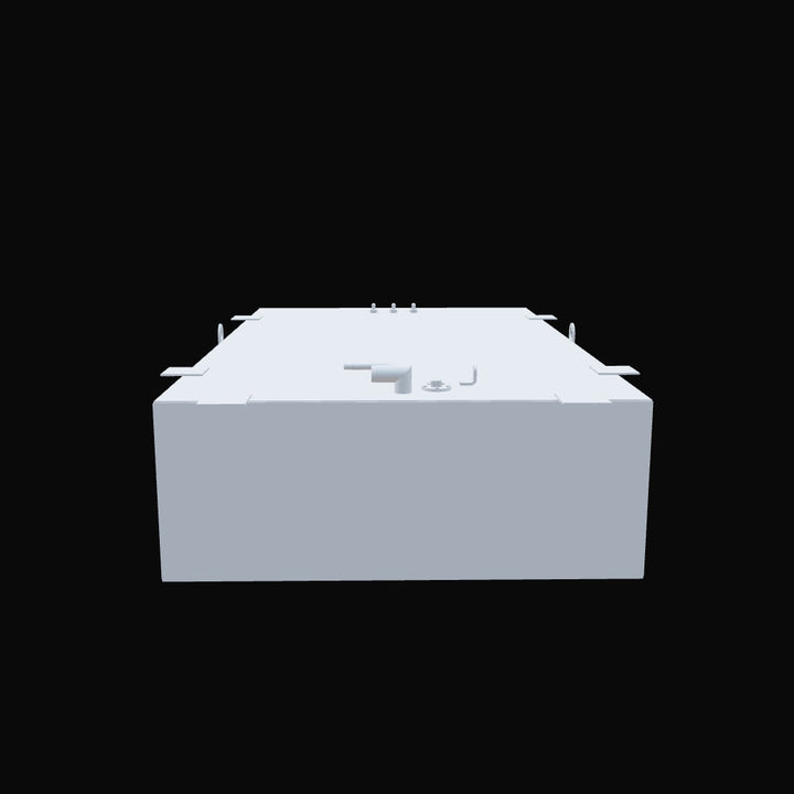 Front view of a 3D-rendered Proline 2710 OEM replacement fuel tank, showing mounting tabs and top fittings including fill, vent, and sender ports. The tank is rendered in a light grey material against a black background