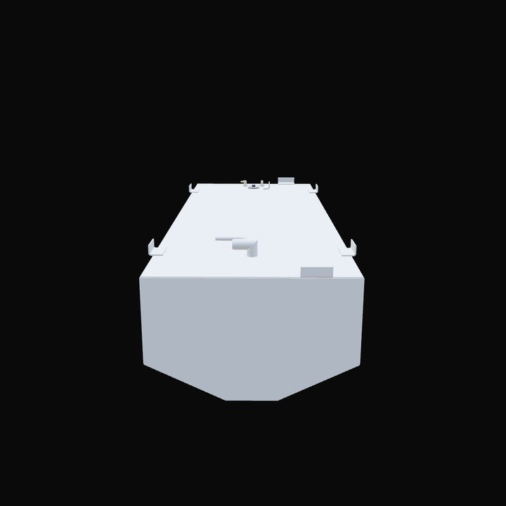 A 3D rendering of a light gray, rectangular fuel tank with multiple connection points and brackets on its top surface, set against a black background