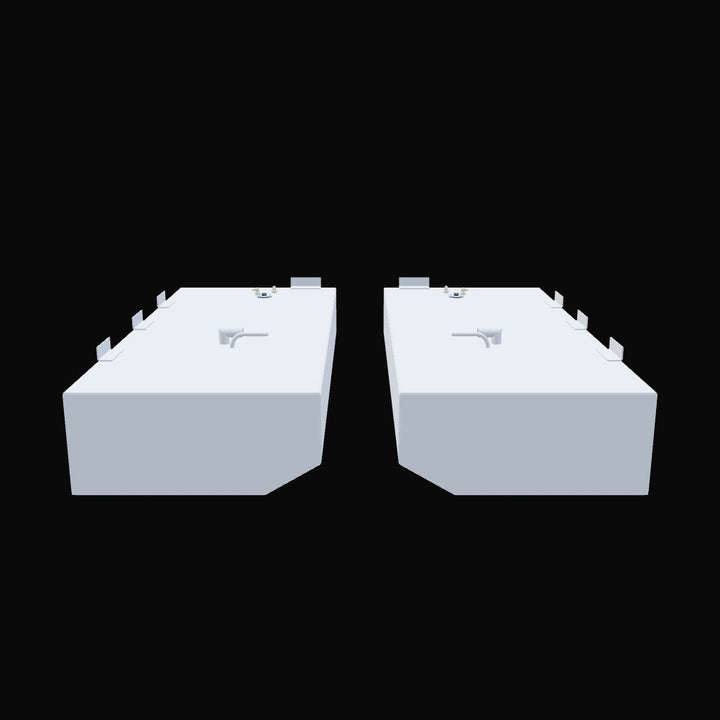 Two identical light grey, rectangular fuel tanks are shown side-by-side. Each tank has a rounded front edge and features several fittings on its top surface, including an L-shaped pipe and various small protrusions. Multiple L-shaped brackets are attached to the edges of the tanks