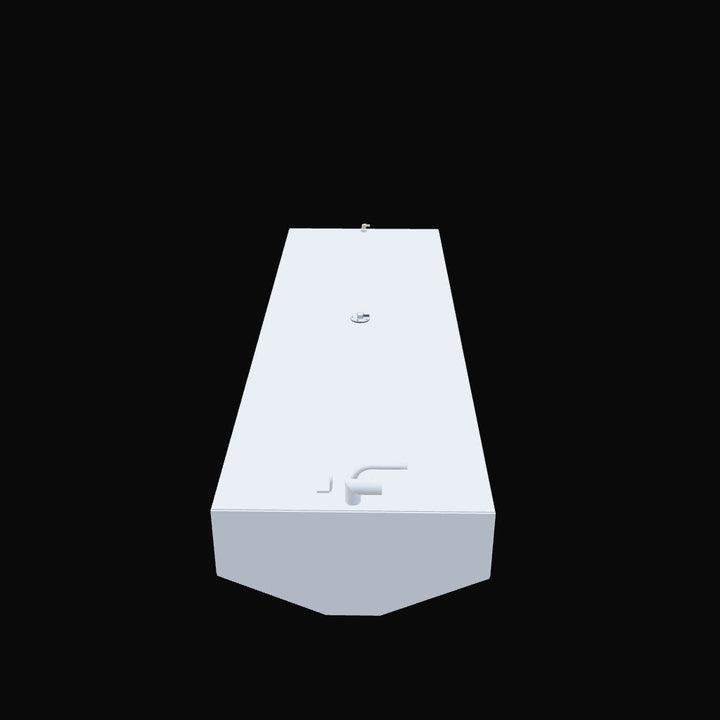 A minimalist 3D rendering of a long, rectangular, light gray fuel tank with angled corners on one end. The top surface features a small, L-shaped fitting, a curved pipe extending from a base, and a small, round opening