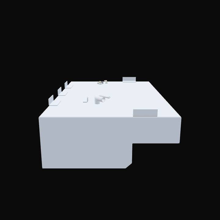 A 3D schematic of a starboard-side saddle fuel tank, shown from a rear three-quarter profile against a black background. The light-grey tank features a large rectangular body with a step-down notch on its lower inboard side. A series of flat mounting tabs runs along the top outer edge. The top surface is populated with several fittings, including a large-diameter fuel-fill pipe, a smaller vent pipe, and a cluster for the fuel sending unit