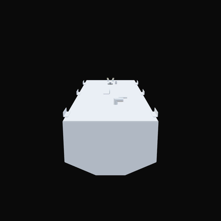 A light grey, rectangular fuel tank with a slightly curved bottom is shown from a head-on perspective, against a black background. Several white L-shaped brackets are visible along its top edges. Various fittings and a flat, circular component are also present on the tank's top surface