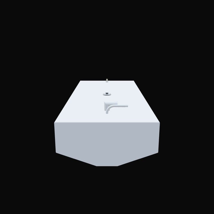 Front view of a 3D rendering of a Pathfinder 2200V 2001 56-gallon fuel tank, showing its trapezoidal bottom shape and top-mounted fittings, including a fill port and vent, on a light gray tank with a black background