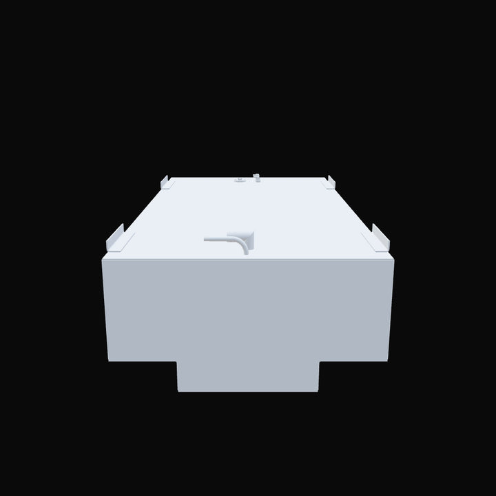 An overhead, slightly angled view of a plain white, rectangular fuel tank. It features a step-down or recessed area on its underside, and several mounting brackets along the perimeter of its top surface. Two pipe-like fittings, one curved and one straight, are visible on the top. The image is on a solid black background