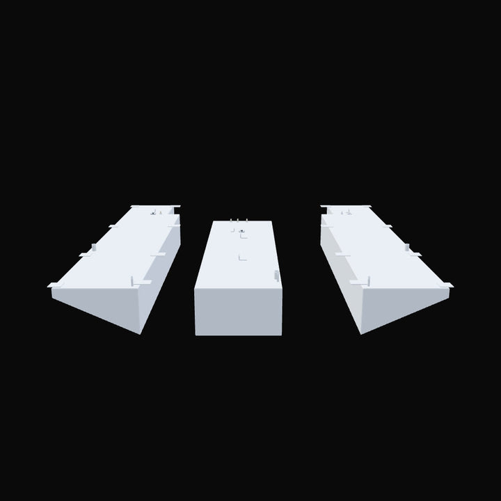 Three light gray fuel tanks are displayed against a black background. The center tank is rectangular. The two tanks on either side are elongated and have angled bottom edges. All three tanks have various small protrusions and fittings on their top surfaces, suggesting they are part of a fuel system
