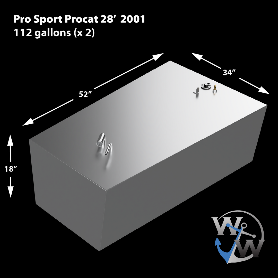 An illustration of a silver, rectangular marine fuel tank, showing its dimensions: 52 inches in length, 34 inches in width, and 18 inches in height. The tank has a capacity of 112 gallons and is specified for a Pro Sport Procat 28' 2001 model, with two such tanks typically use