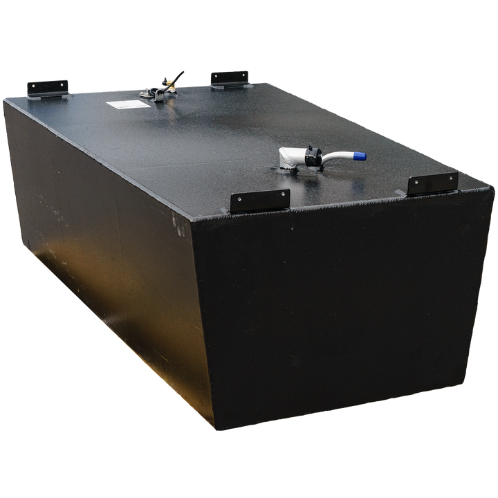 A black, textured, rectangular fuel tank, seen from an elevated angle. It features black metal mounting brackets on its top surface, and two metallic fittings protruding from the top, one with a white angled pipe and blue tip. The background is a black and grey checkerboard pattern