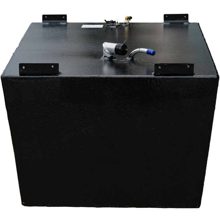 A black, textured, rectangular fuel tank, seen from the front and slightly above. It has four black mounting brackets, two on each side of the top surface, and several fittings including one with a blue-tipped hose, and a fuel gauge assembly. The background is a black and gray checkered pattern
