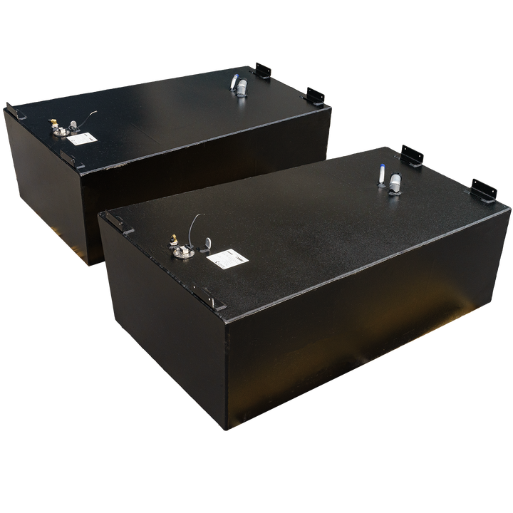 "A pair of black, rectangular OEM replacement fuel tanks, each with a capacity of 112 gallons, for a 2001 Pro Sport Procat 28' boat. The tanks have various fuel line fittings and sensors visible on their top surfaces
