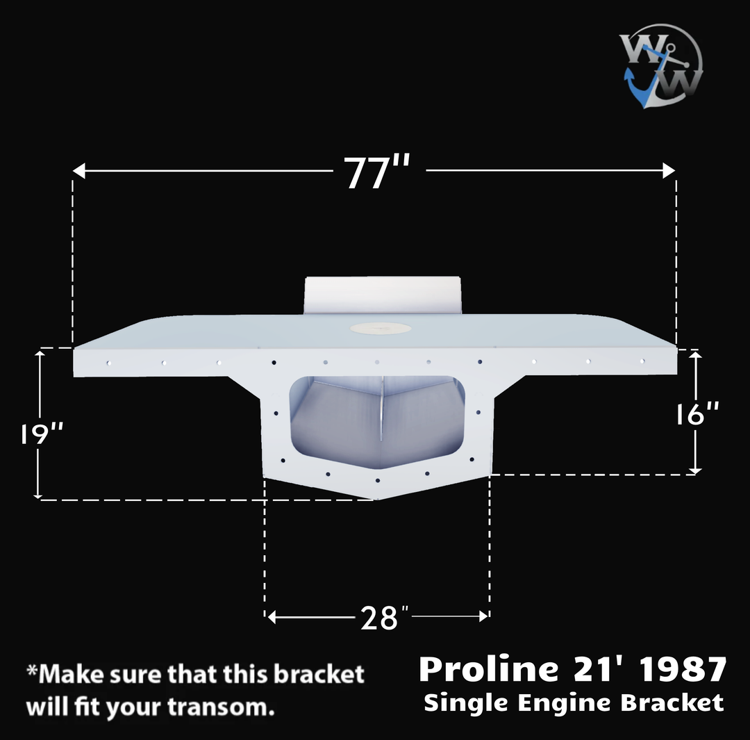 Proline 21' 1987 High Flotation Single Engine Bracket, featuring a white design with dimensions labeled: 77 inches wide, 19 inches tall, and 28 inches deep, with a central cutout for engine mounting