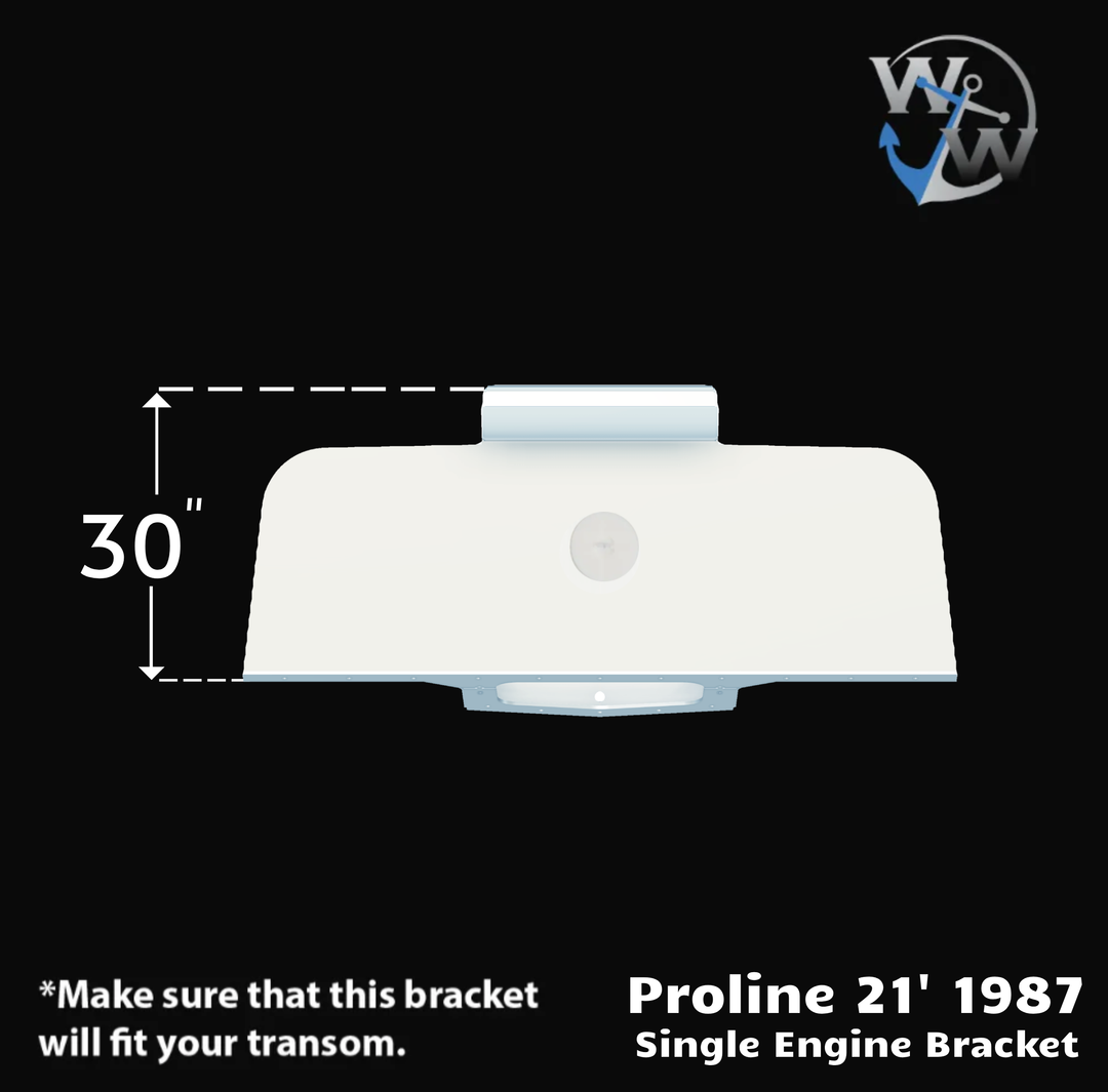 Illustration of a Proline 21' 1987 High Flotation Single Engine Bracket, featuring a white silhouette on a black background. The bracket measures 30 inches in width, with a note emphasizing the importance of ensuring compatibility with the transom