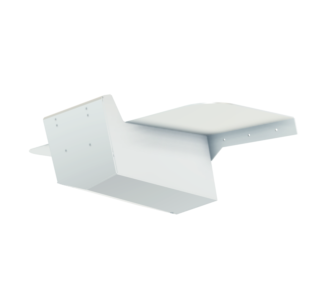 A 3D rendering of a Proline 21' 1987 High Flotation Single Engine Bracket, featuring a sleek design with a flat surface and angled edges, displayed against a transparent background