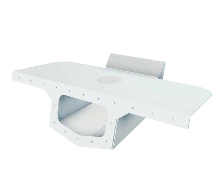 A white Proline 21' 1987 High Flotation Single Engine Bracket displayed against a transparent background, showcasing its unique shape and design