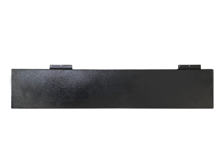 A long side profile photo of a rectangular, dark, textured boat fuel tank, showing two black mounting tabs on the top surface, against a transparent checkerboard background.