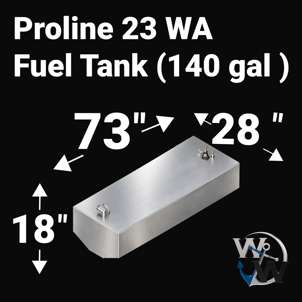 A studio engineering perspective diagram showing the exact dimensions of a Proline 23 WA replacement marine fuel tank (140 gal) from file image_7d3c8b.jpg against a black background. Fabricated by Welding World in Miami, FL from marine-grade aluminum, the graphic features directional dimension arrows indicating a length of 73 inches, a width of 28 inches, and a depth/height of 18 inches. The top deck layout highlights precision fill necks, vents, and fitting locations engineered for a 100% direct drop-in fi