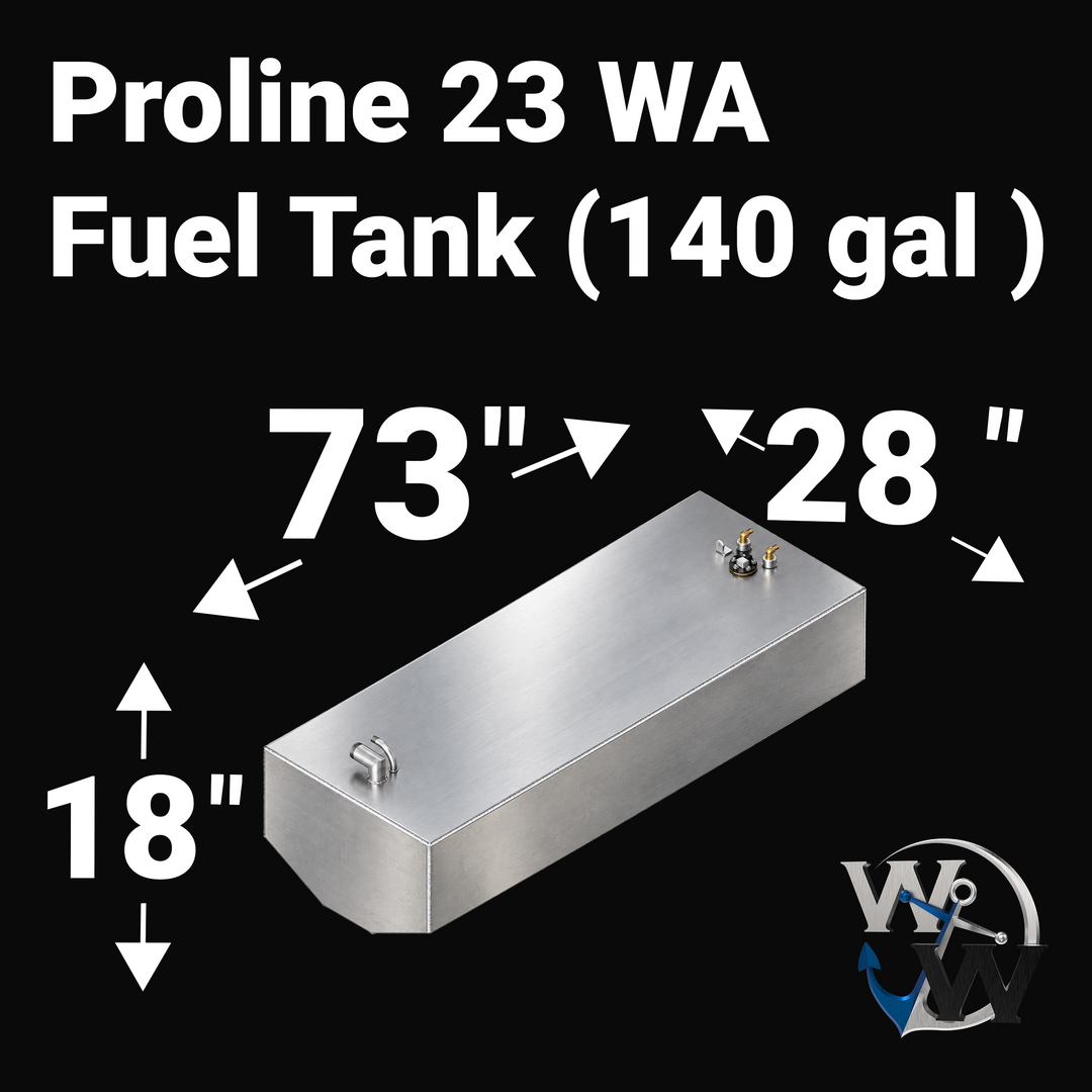 A studio engineering perspective diagram showing the exact dimensions of a Proline 23 WA replacement marine fuel tank (140 gal) from file image_7d3c8b.jpg against a black background. Fabricated by Welding World in Miami, FL from marine-grade aluminum, the graphic features directional dimension arrows indicating a length of 73 inches, a width of 28 inches, and a depth/height of 18 inches. The top deck layout highlights precision fill necks, vents, and fitting locations engineered for a 100% direct drop-in fi
