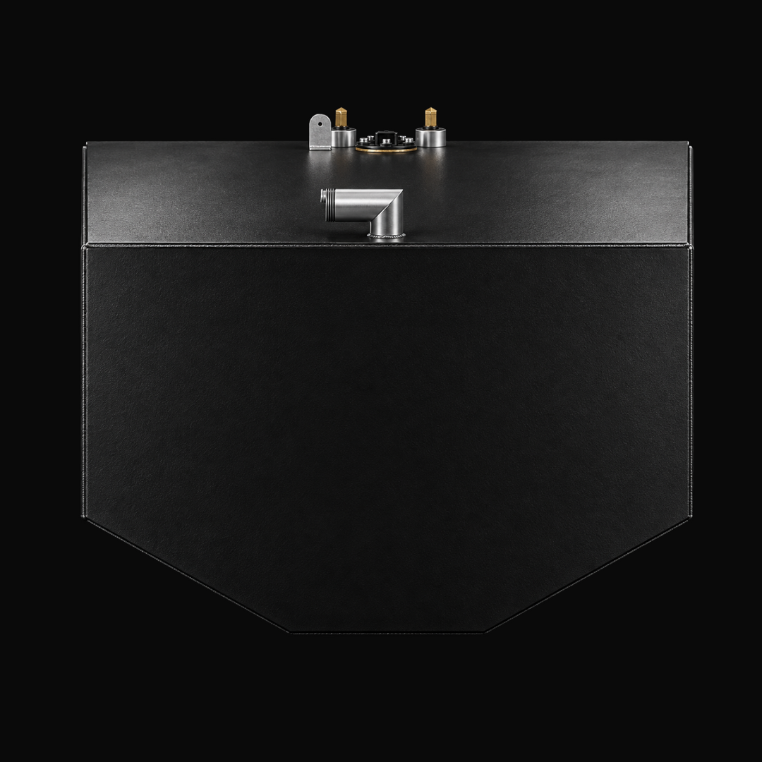 A studio front/end elevation profile view showcasing the compound V-bottom hull contour, protective black TarGard epoxy coating, and top/edge fitting arrangement of a finished Proline 23 WA replacement marine fuel tank (140 gal) from file image_7d3d06.jpg against a black background. Fabricated by Welding World in Miami, FL from heavy-gauge marine-grade aluminum, the end cross-section highlights precision routing of fill necks, vents, and dual fuel pickup/sending unit assemblies engineered for a 100% direct 