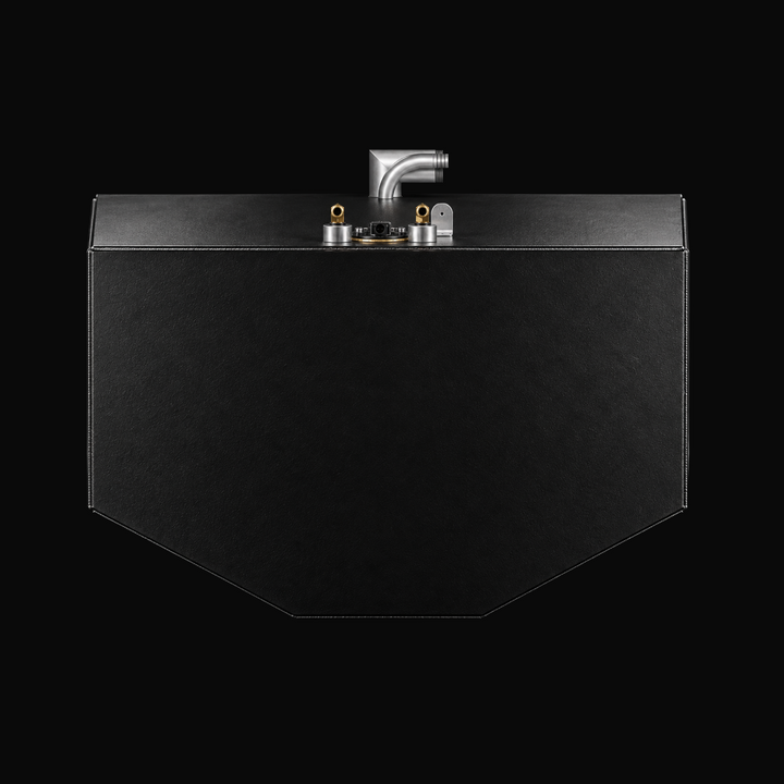 A studio front/end profile view highlighting the compound V-bottom hull contour, protective black TarGard epoxy coating, and top-mounted fill neck, vent, and dual pickup/sending unit cluster of a finished Proline 23 WA replacement marine fuel tank (140 gal) from file image_7d4034.jpg against a black background. Fabricated by Welding World in Miami, FL from heavy-gauge marine-grade aluminum, the end geometry showcases a precision 100% direct drop-in fit.