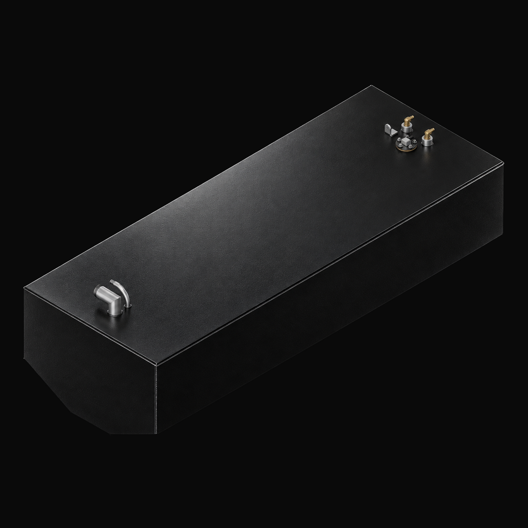 A studio high-angle perspective view showcasing the upper deck surface, stepped bottom hull contour, and factory fitting cluster of a finished, black TarGard epoxy-coated Proline 23 WA replacement marine fuel tank (140 gal) from file image_7d3c4b.jpg against a black background. Fabricated by Welding World in Miami, FL from heavy-gauge marine-grade aluminum, the long rectangular tank displays precision routing of fuel fill necks, vents, and dual fuel pickup/sending unit assemblies engineered for a 100% direc