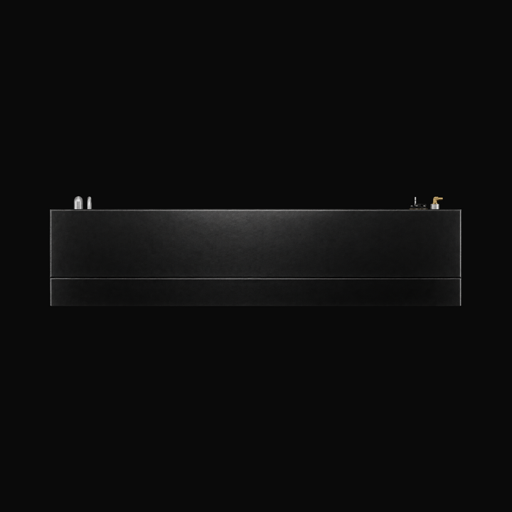 A studio side elevation profile view showcasing the long linear run, protective black TarGard epoxy coating, and top deck fitting distribution of a finished Proline 23 WA replacement marine fuel tank (140 gal) from file image_7d3d6b.png against a black background. Fabricated by Welding World in Miami, FL from heavy-gauge marine-grade aluminum, the side profile highlights precision positioning of fill necks, vent lines, and dual pickup/sending assemblies engineered for a 100% direct drop-in fit.