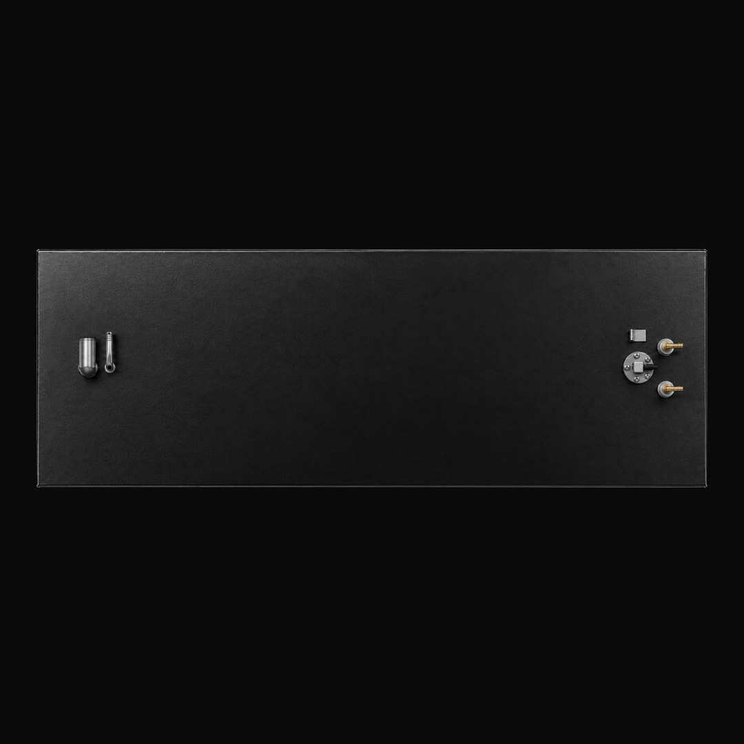 A studio top-down flat-lay view showcasing the upper deck surface, protective black TarGard epoxy coating, and factory fitting layout of a finished Proline 23 WA replacement marine fuel tank (140 gal) from file image_7d3d2d.jpg against a black background. Fabricated by Welding World in Miami, FL from heavy-duty marine-grade aluminum, the rectangular panel highlights precision placement of fill necks, vent lines, and dual fuel pickup/sending unit assemblies engineered for a 100% direct drop-in fit.