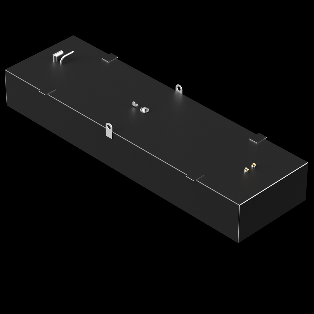 A dark grey, elongated rectangular fuel tank with various golden and silver-colored fittings on its top surface, including pipes, valves, and D-rings. Small, flat, dark grey brackets are also visible along the edges of the top surface. The tank is positioned against a black background with subtle white dots