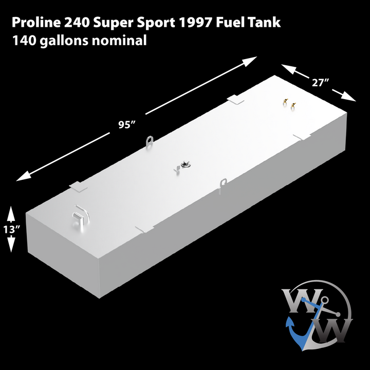 Proline 240 Super Sport 1997 Fuel Tank, 140 gallons nominal. The image features a light grey, rectangular fuel tank with dimensions: 95 inches long, 27 inches wide, and 13 inches high. Various fittings are visible on the top surface, including golden-colored valves, D-rings, and an L-shaped pipe. A "W W" logo with an anchor is present in the bottom right corner